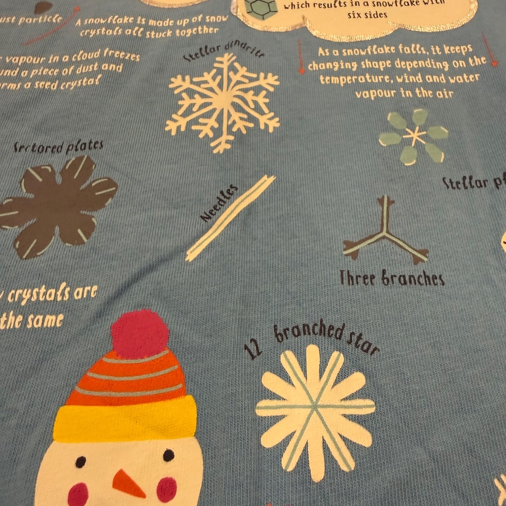 Size 6-7 Mini Boden Fun Facts Shirt in Surfboard Blue Snowflakes. - Picture 5 of 12
